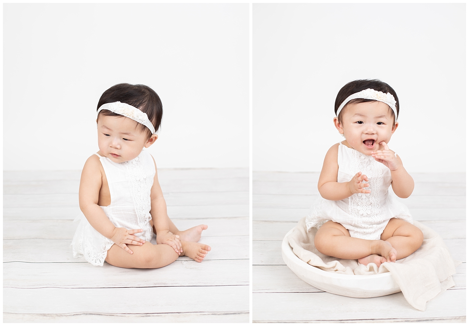 Baby girl in white decorative romper