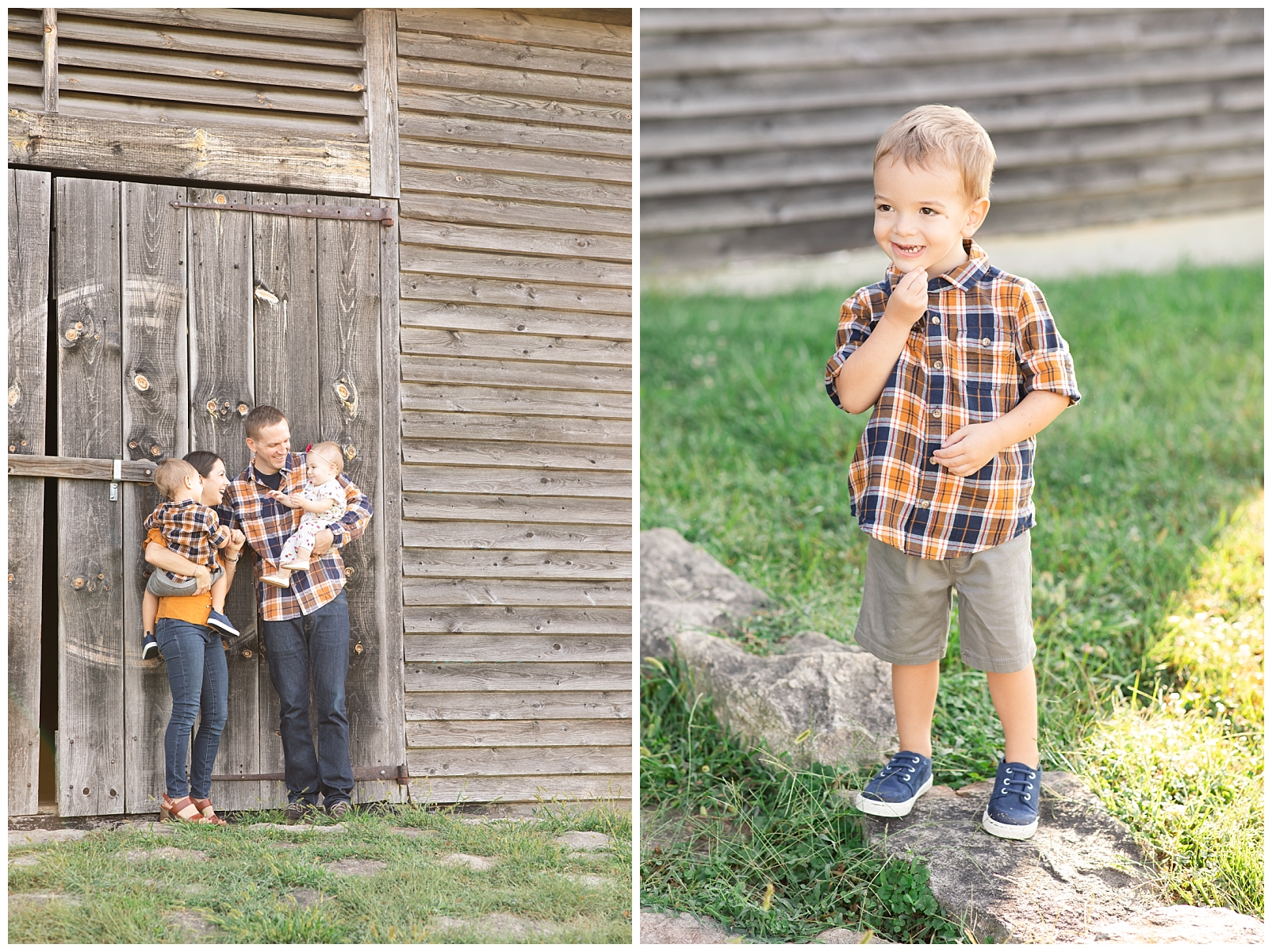 family of four standing next to a barn and a boy in a thinking pose