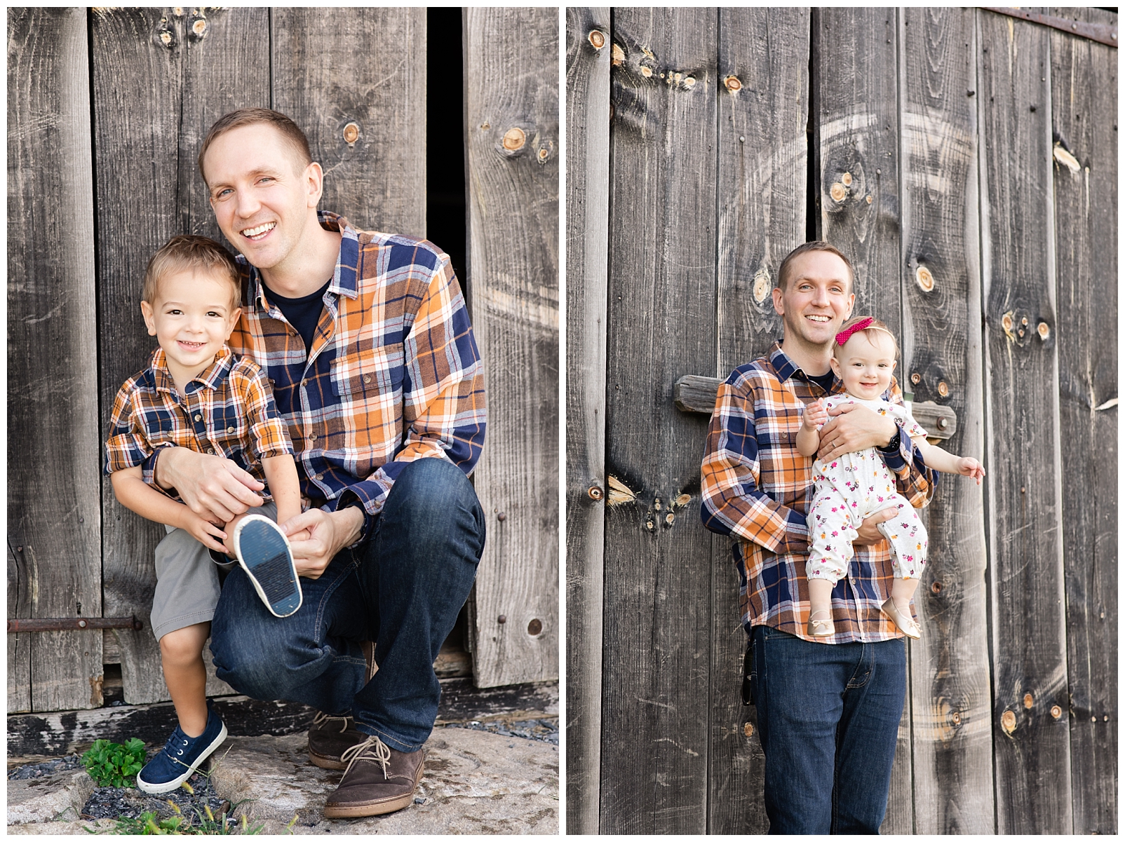 father and son wearing matching plaid shirts and daughter in flower romper