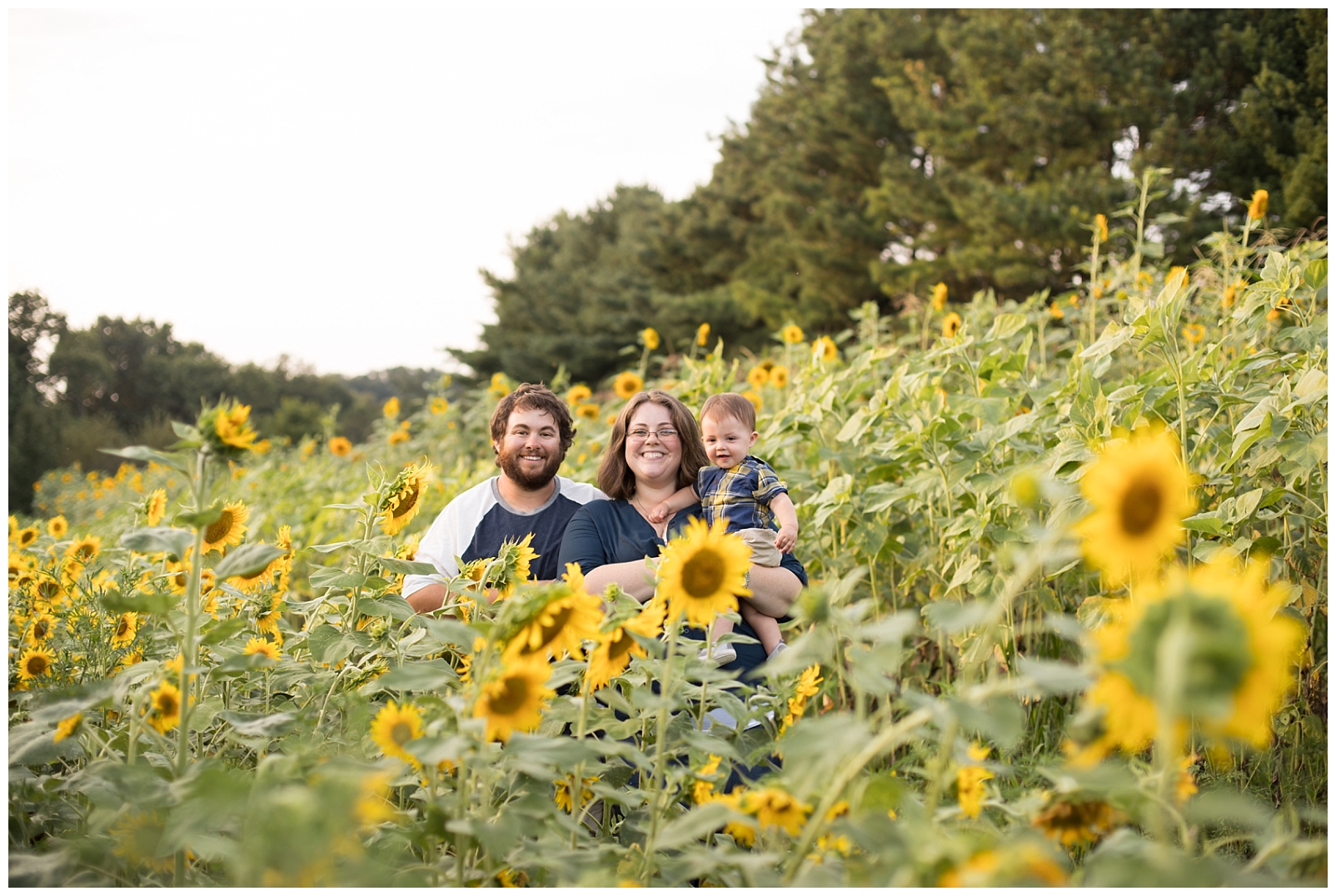 family of 3 surrounding by sunflowers