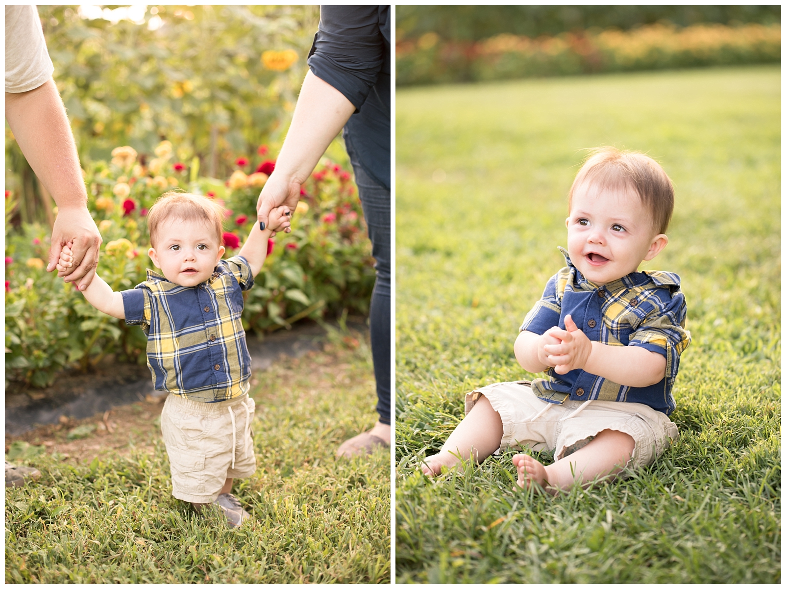 baby boy standing near wildflowers