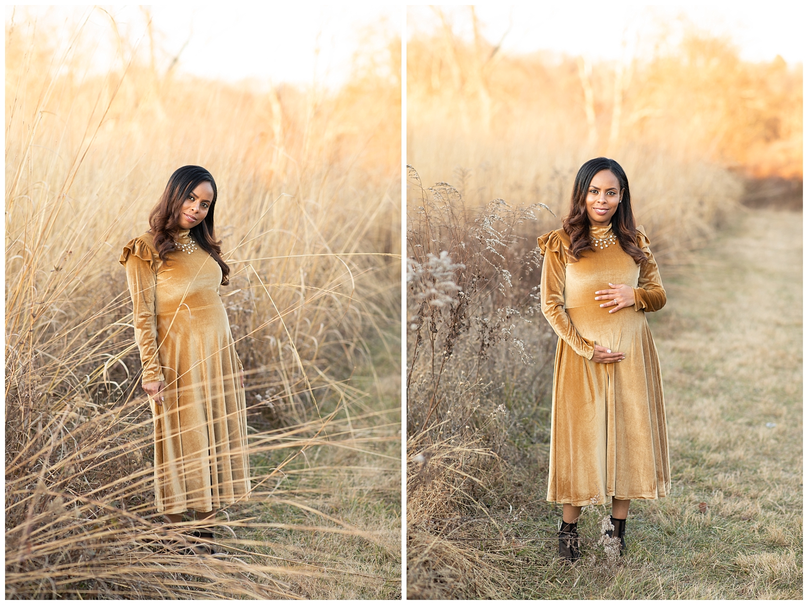 Lady wearing a golden dress in a field