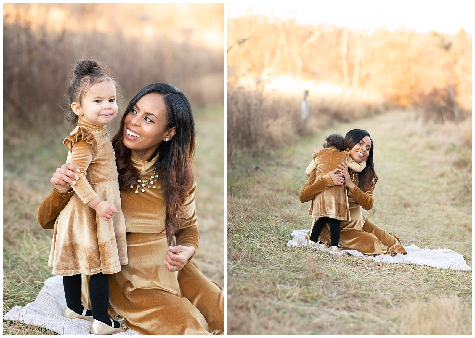 Lady wearing a golden dress in a field with daughter