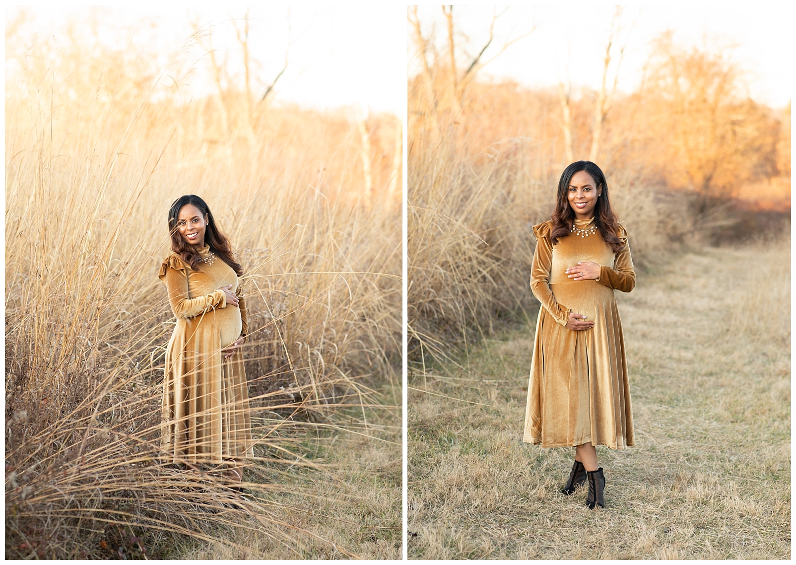 Lady wearing a golden dress in a field