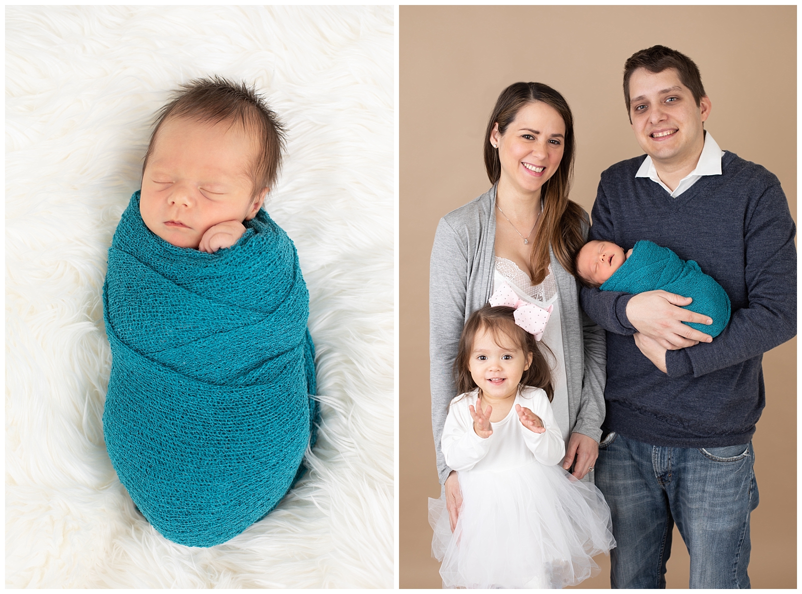 newborn baby wrapped with family