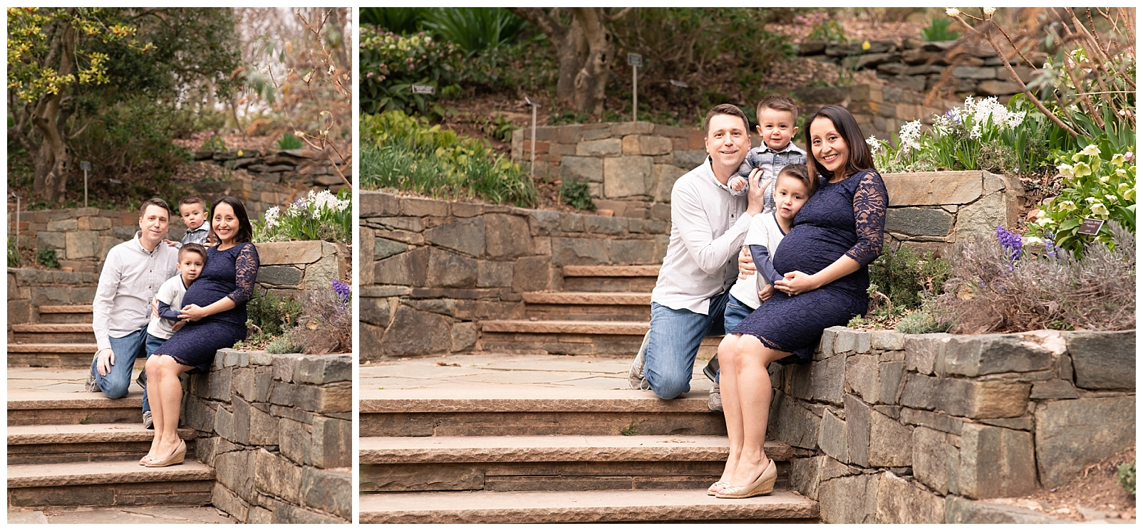 family sitting on steps and a rock wall