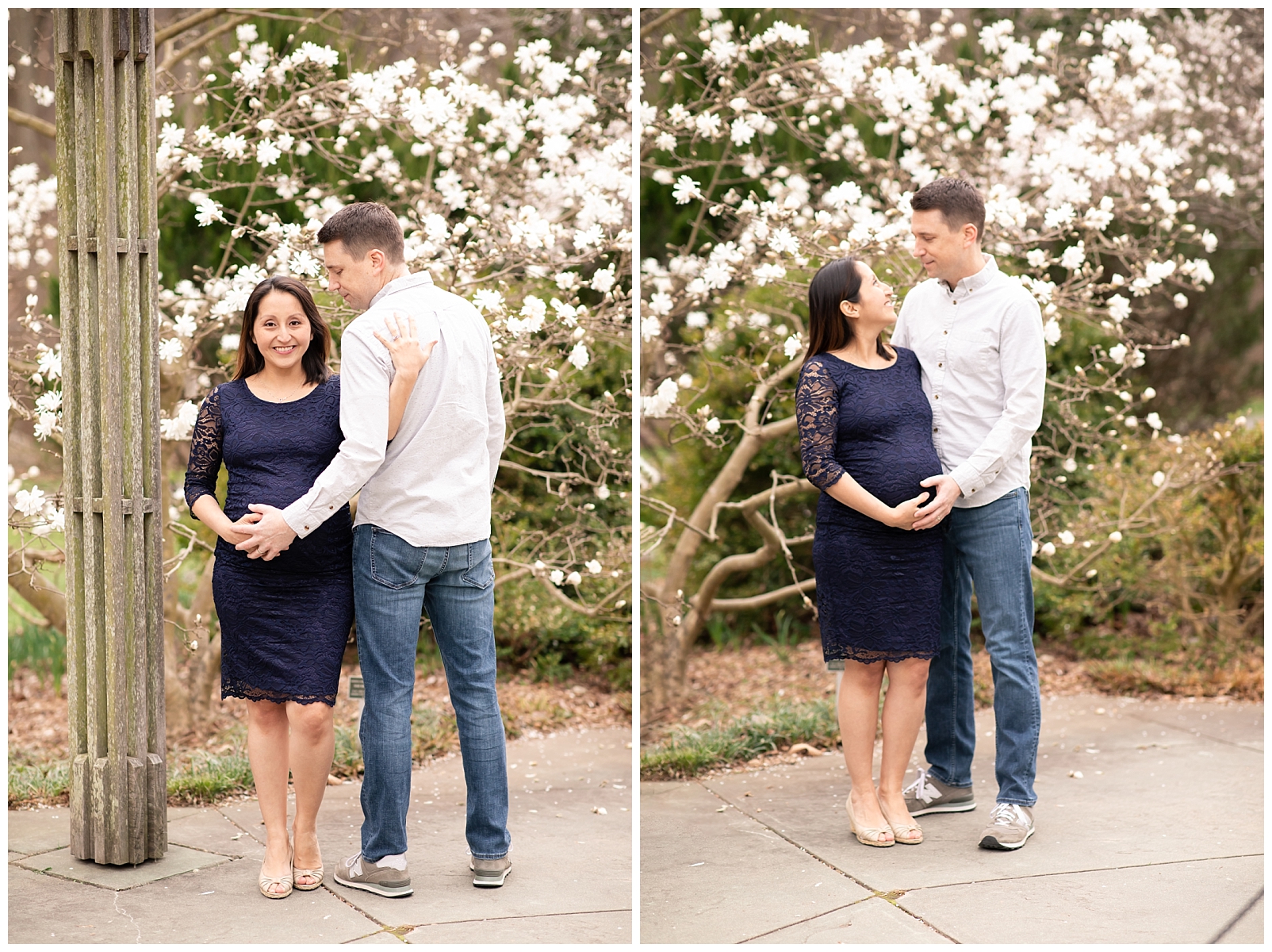Maternity portraits of a couple near a flowering tree