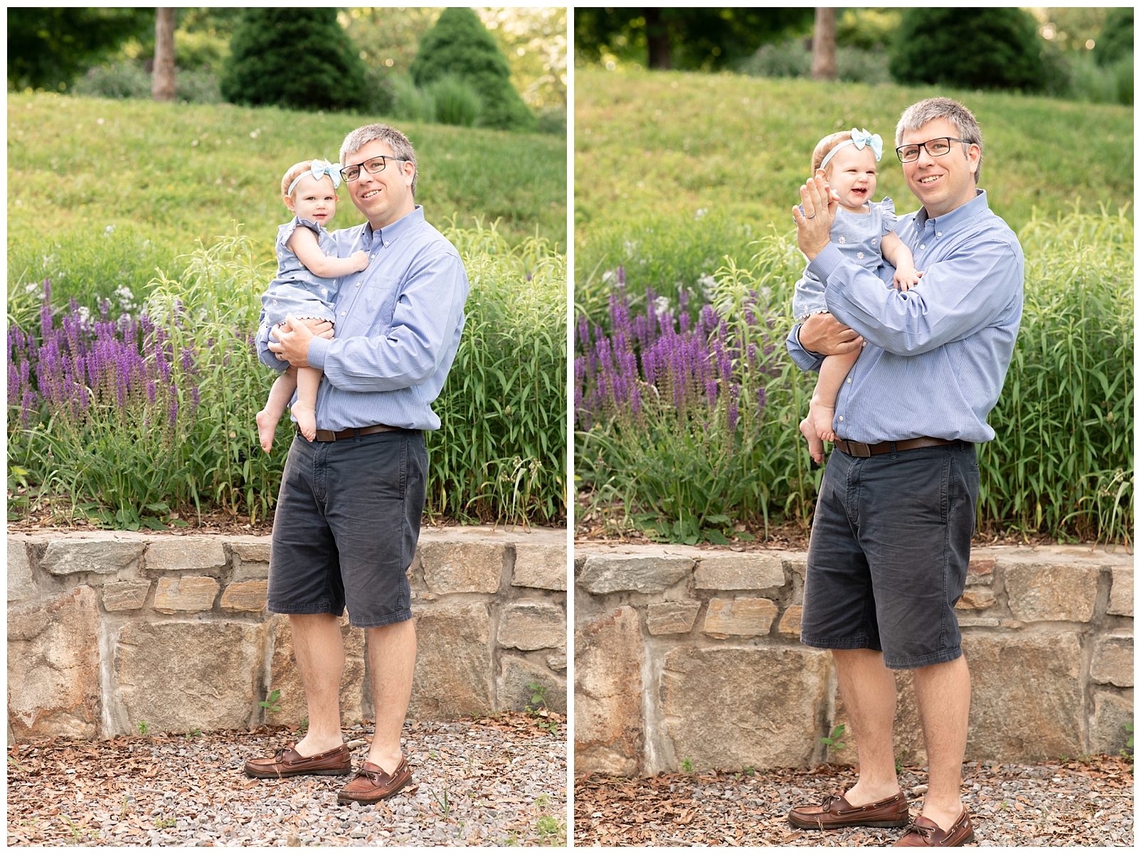 Dad holding daughter near a stone wall with purple flowers