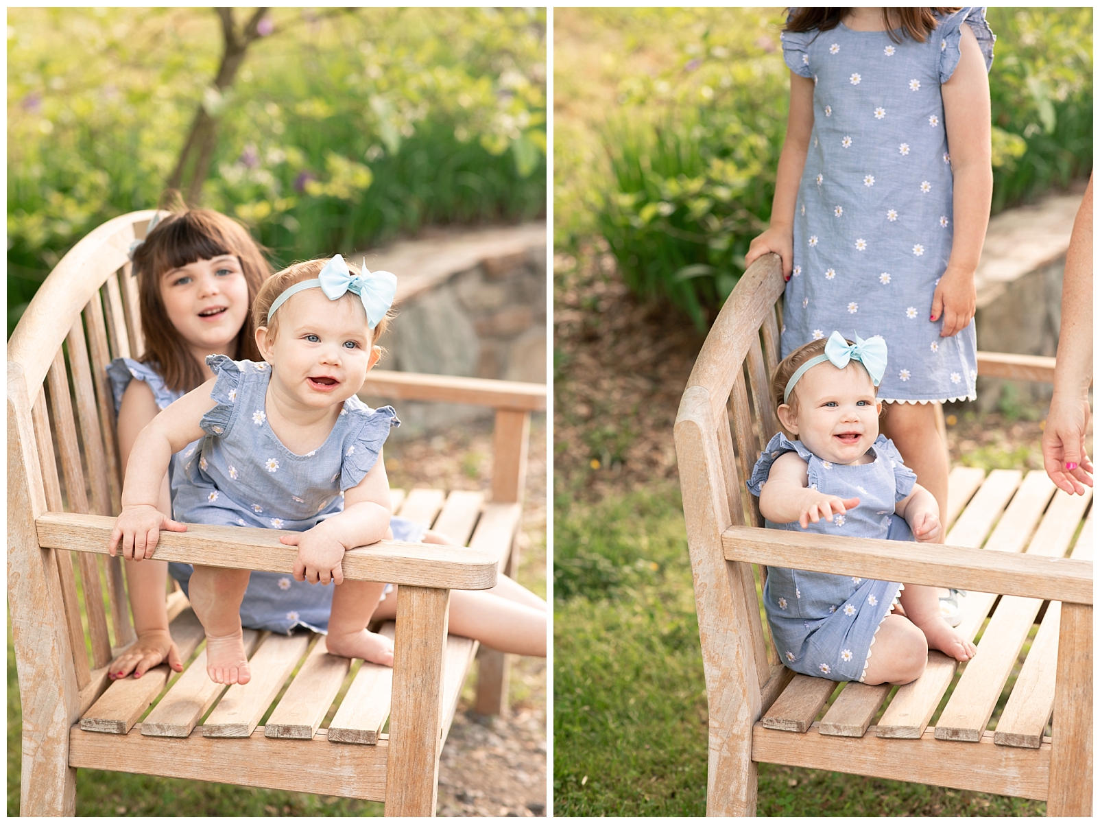 Sisters sitting on a wooden bench in a garden