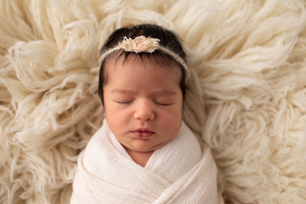 Emiliana Headband | Rebecca Leigh Studio | newborn headband with chiffon flower and crocheted tieback