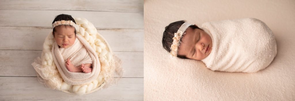 Catriona Headband on a baby wrapped in a basket and also on a blanket