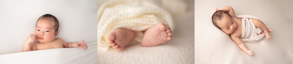 Newborn swaddled in wrap and newborn toes