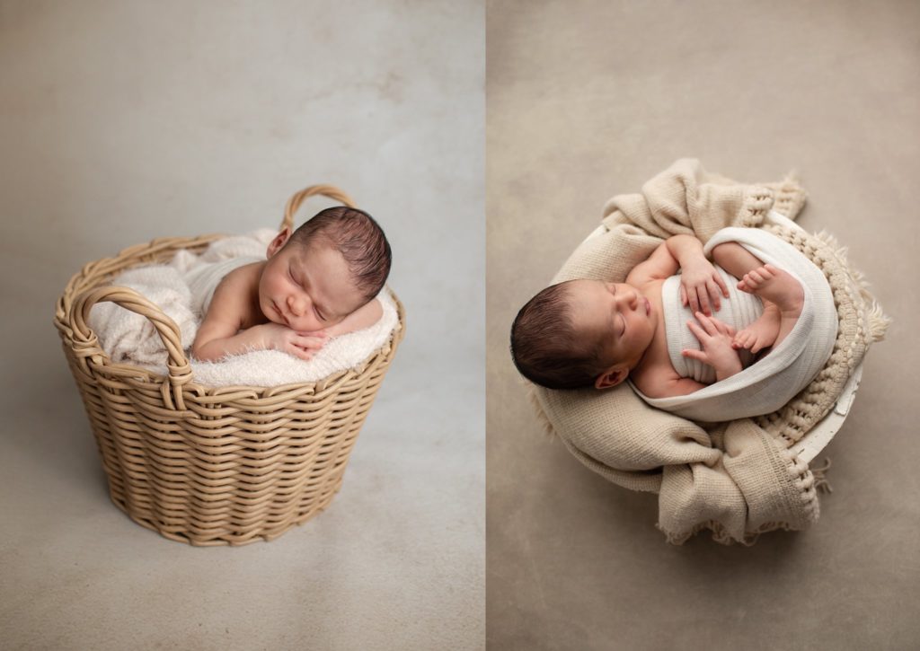 newborn in a basket and in a bowl