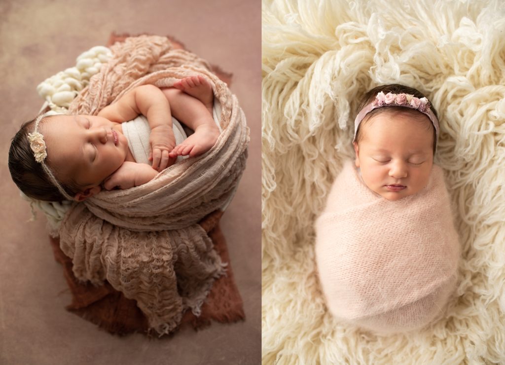 newborn in a bowl with fabric and wrapped newborn in peach wrap with Hattie headband