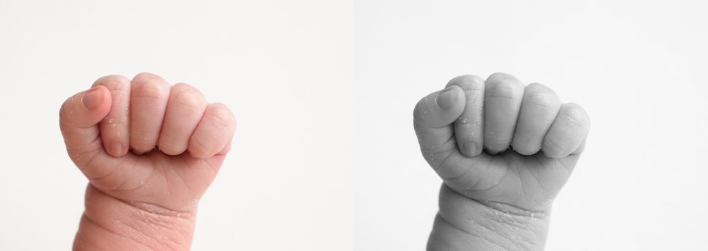 newborn hands in color and in black & white