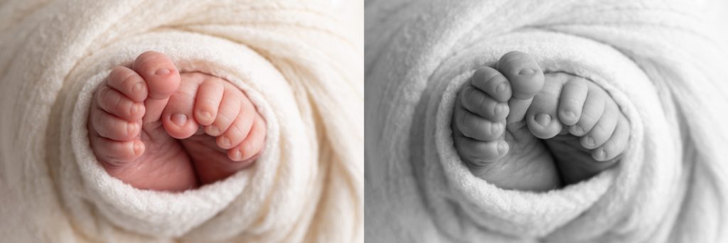 newborn feet and toes in color and black & white