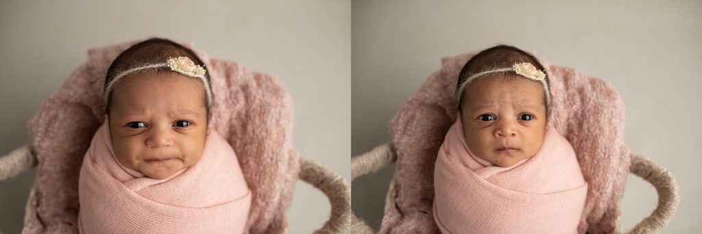 newborn facial expressions while wrapped and placed in basket