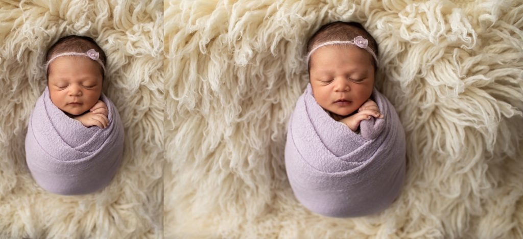 newborn wrapped in lavender and holding a felted heart
