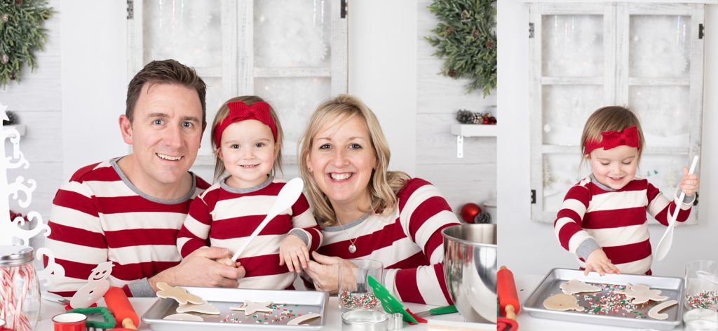Family of 3 wearing red and white striped pajamas
