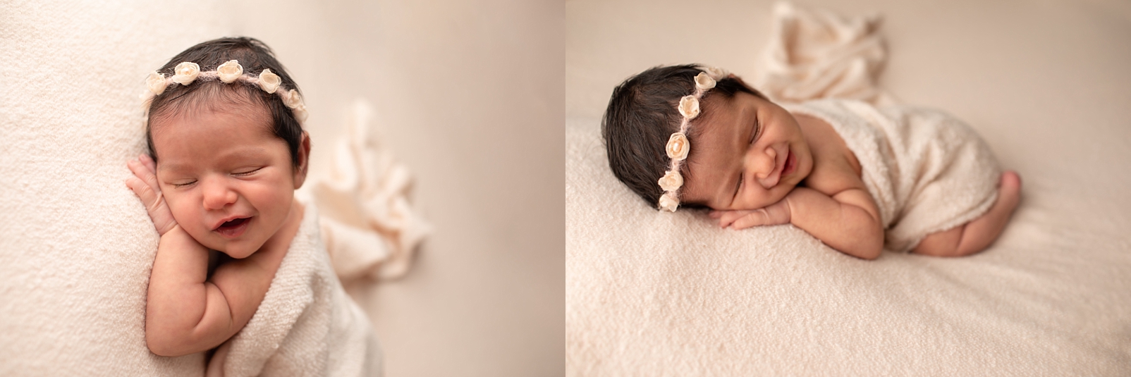 newborn with flower headband smiling
