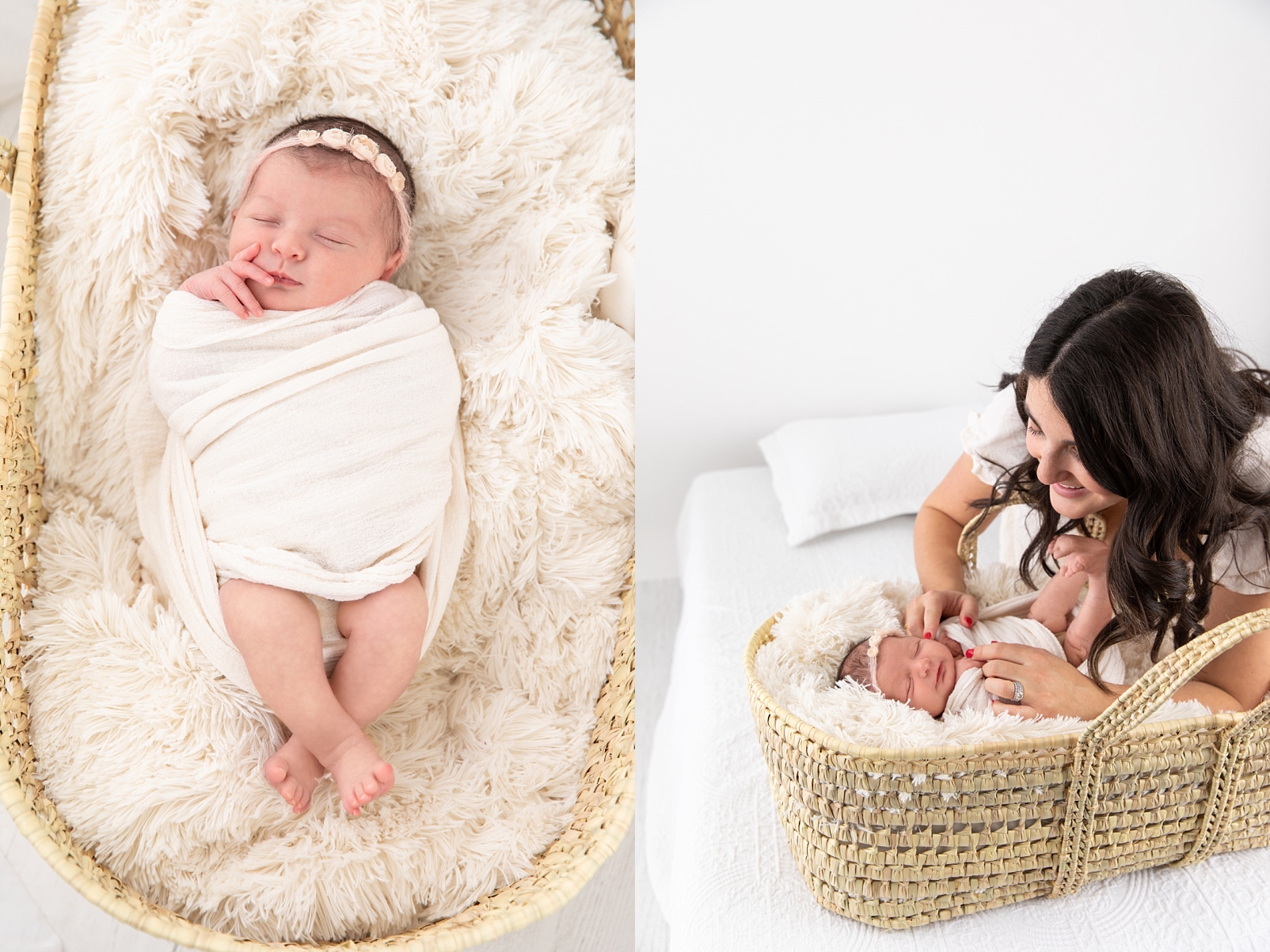 Newborn in Moses basket and furry fabric and Mom smiling at newborn in basket