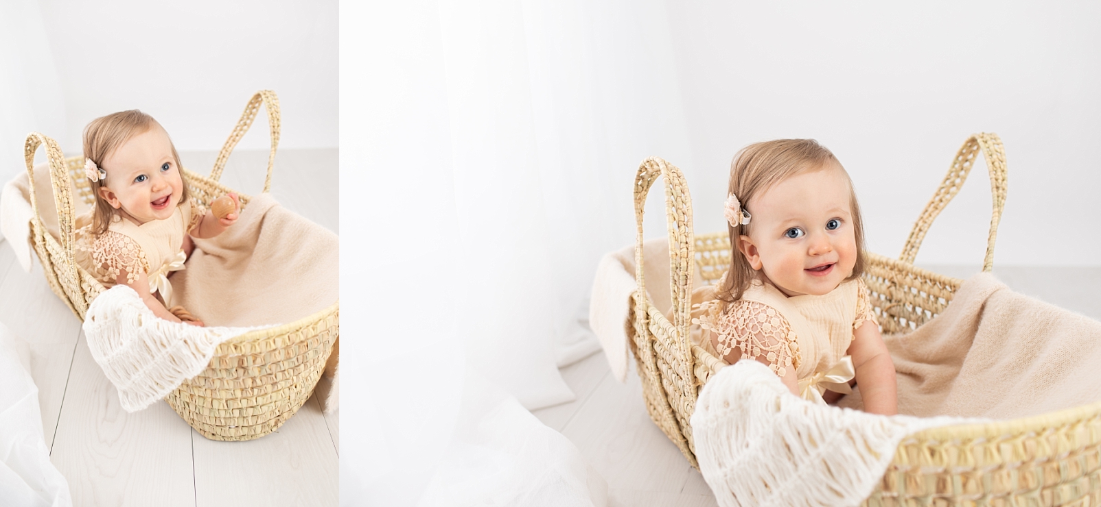 Baby sitting in a Moses Basket for first birthday portraits

