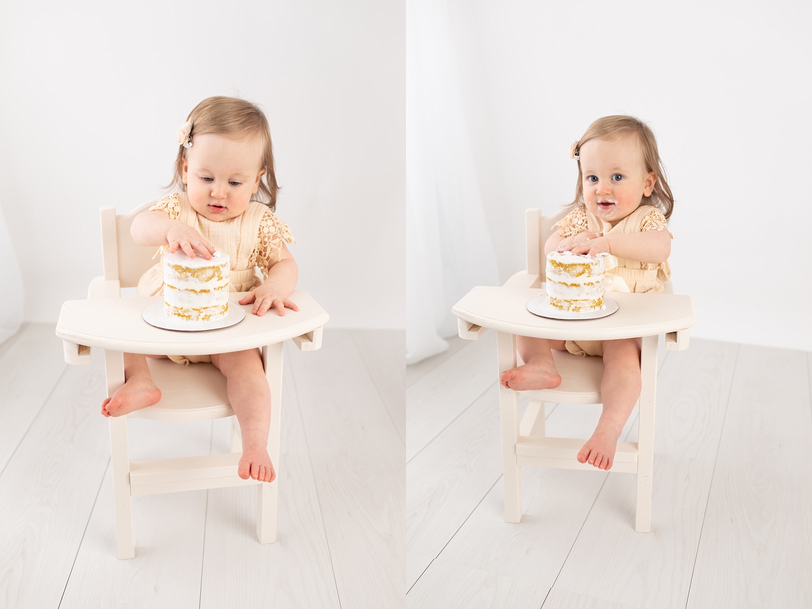 Baby girl sitting in high chair for first birthday portraits
