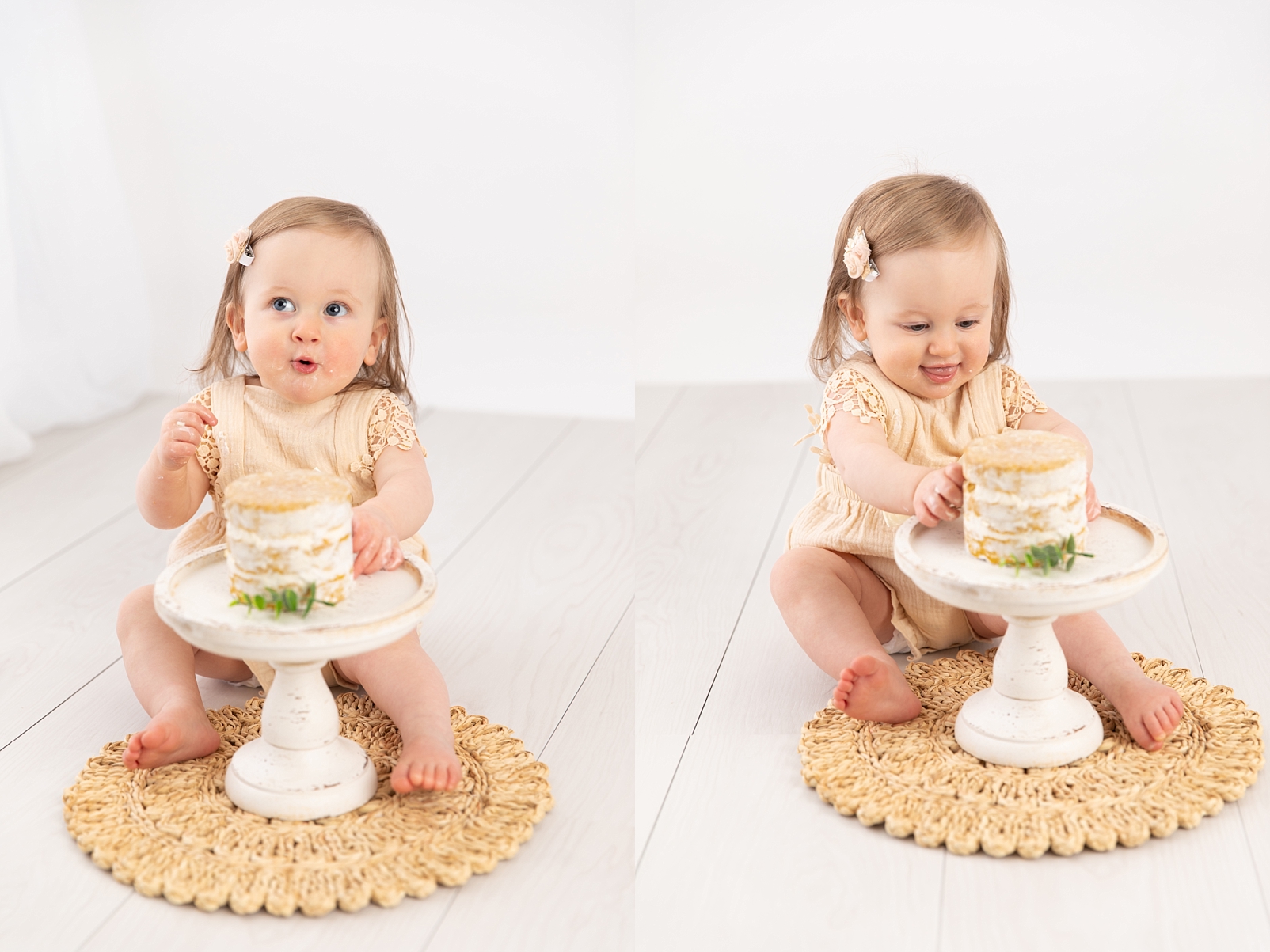 baby girl eating a cake on a cake stand for first birthday portraits

