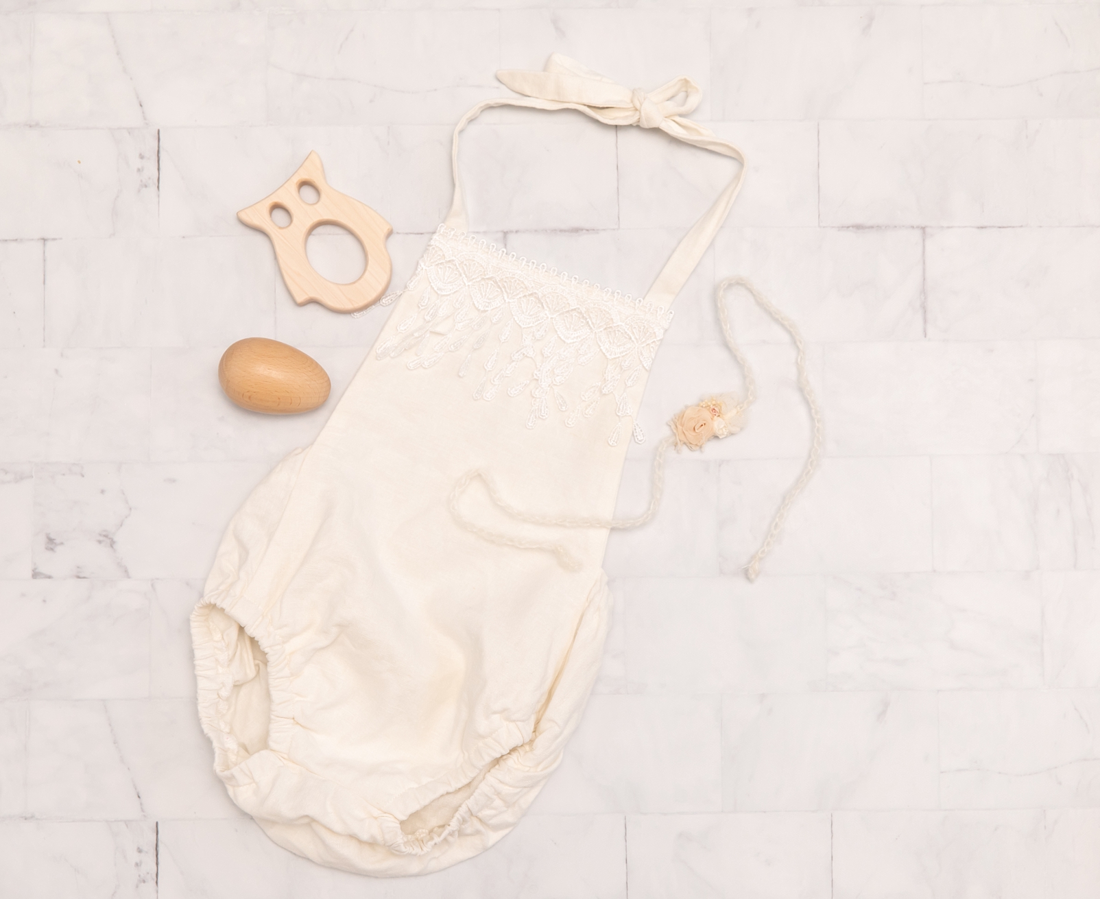 baby girls lace cream color romper with decorative headband - Howard County Baby photographer