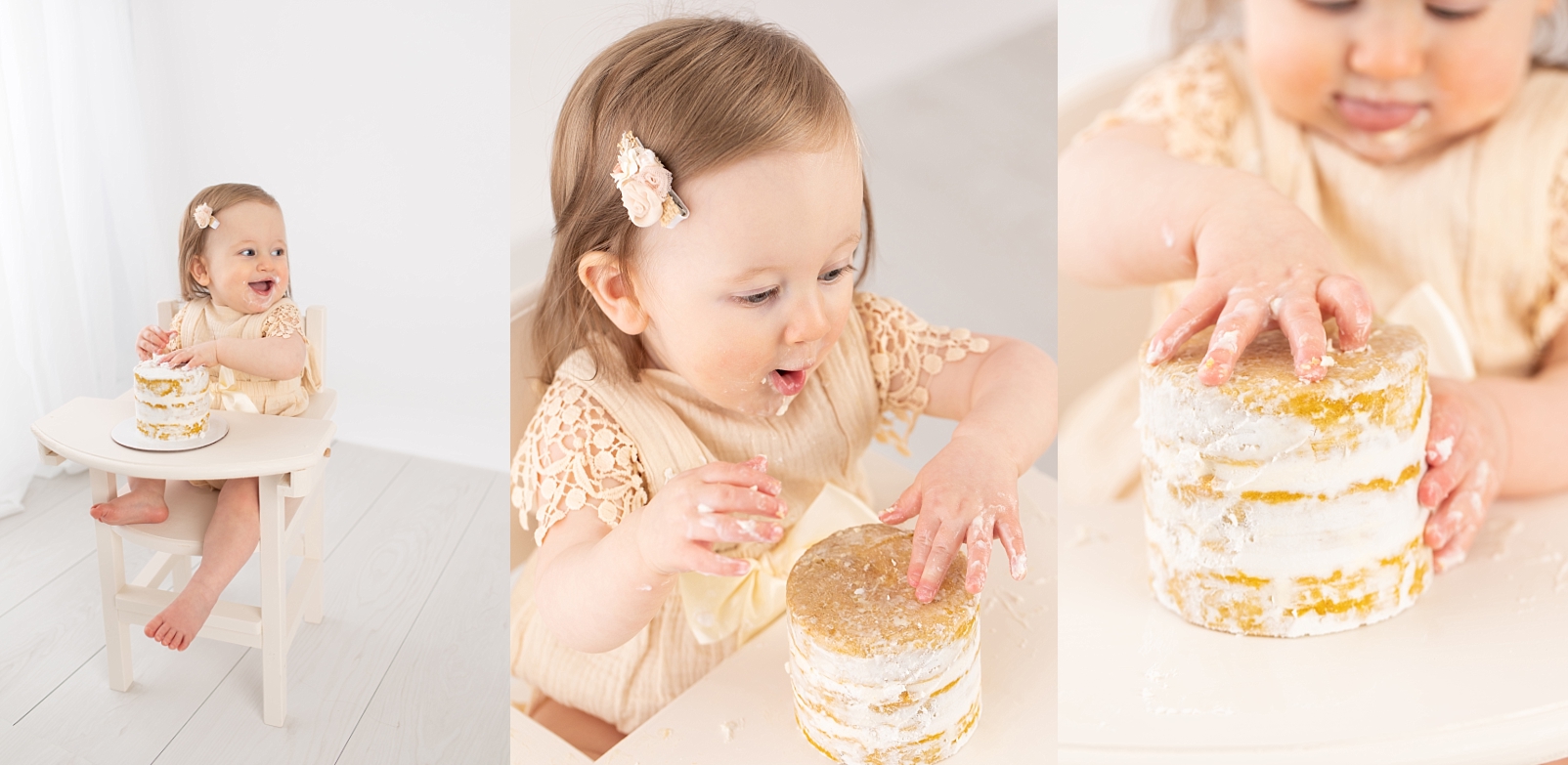 Cake Smash photos of a baby girl eating a small white icing cake | How to Choose a Smash Cake

