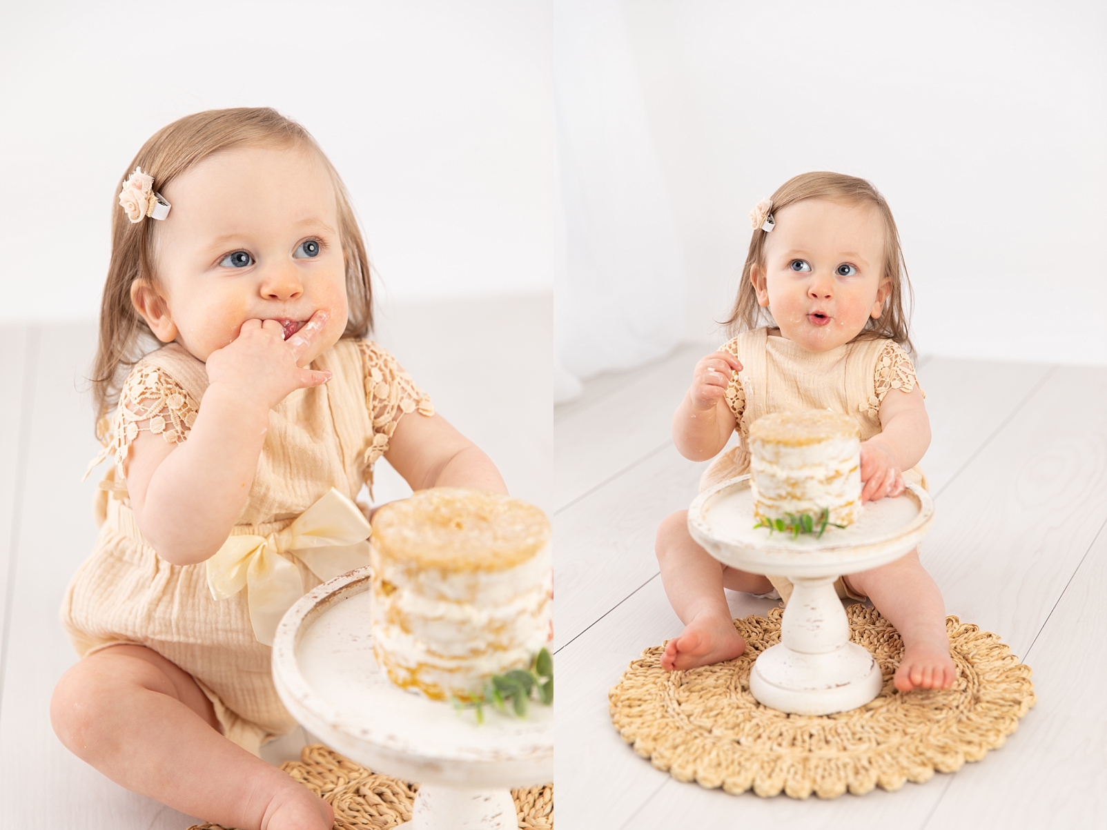 1 year old girl happily eating the cake on a wooden cake stand | How to Choose a Smash Cake