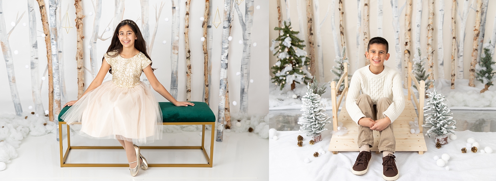 boy sitting on a bridge and girl sitting on a green velvet bench in front of birch trees and snowballs for Christmas Studio Minis Maryland