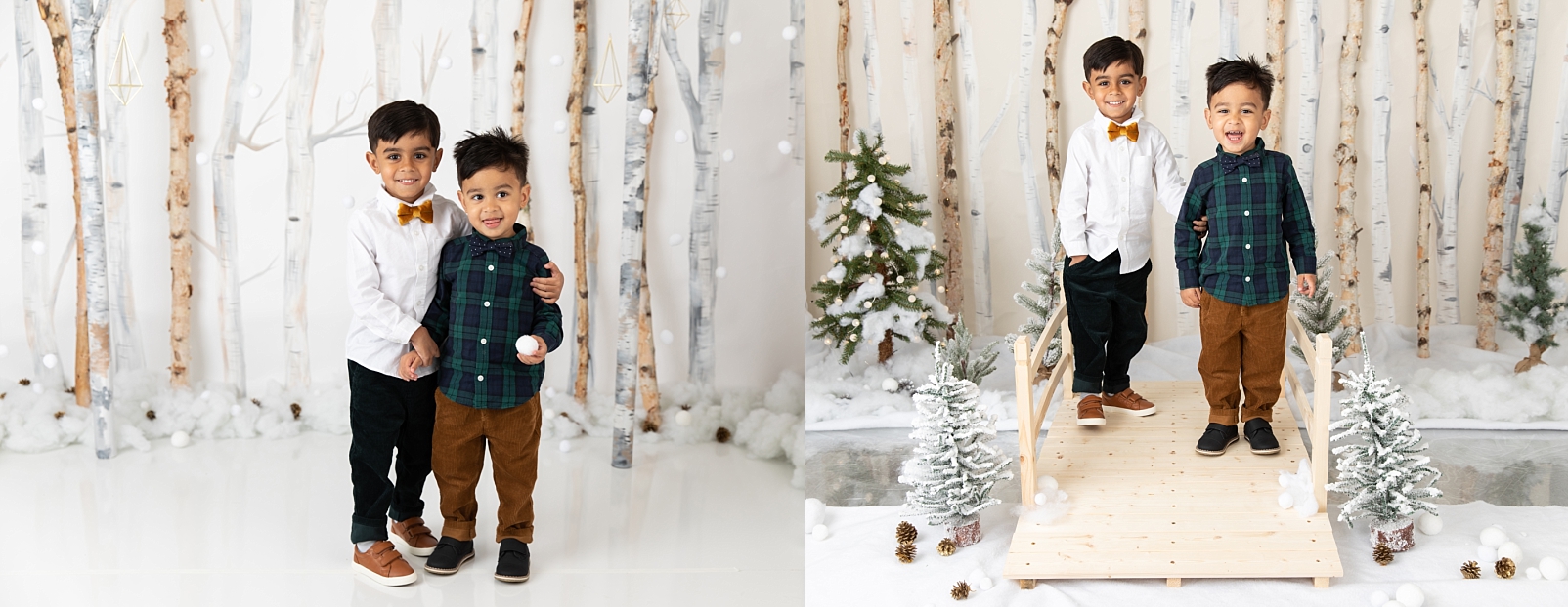 boys standing in front of birch trees on bridge for Christmas Studio Minis Maryland
