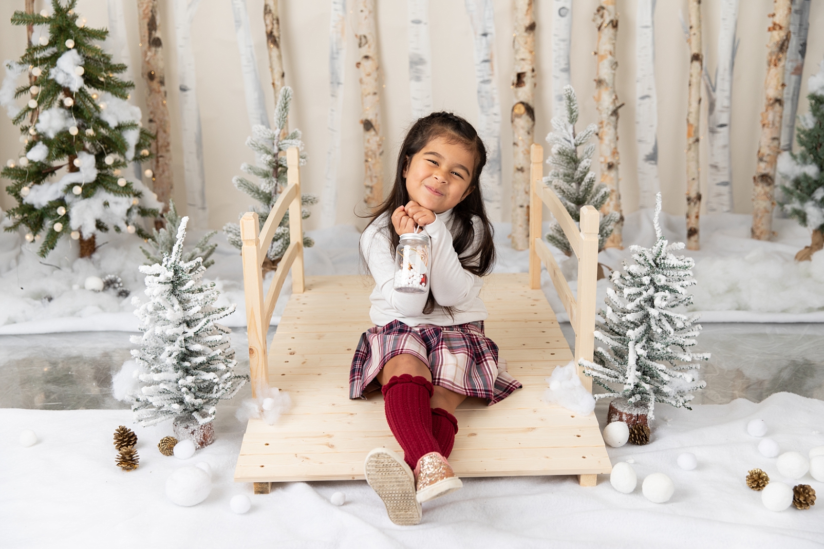 girl sitting on a bridge in front of birch trees and snowballs for Christmas Studio Minis Maryland