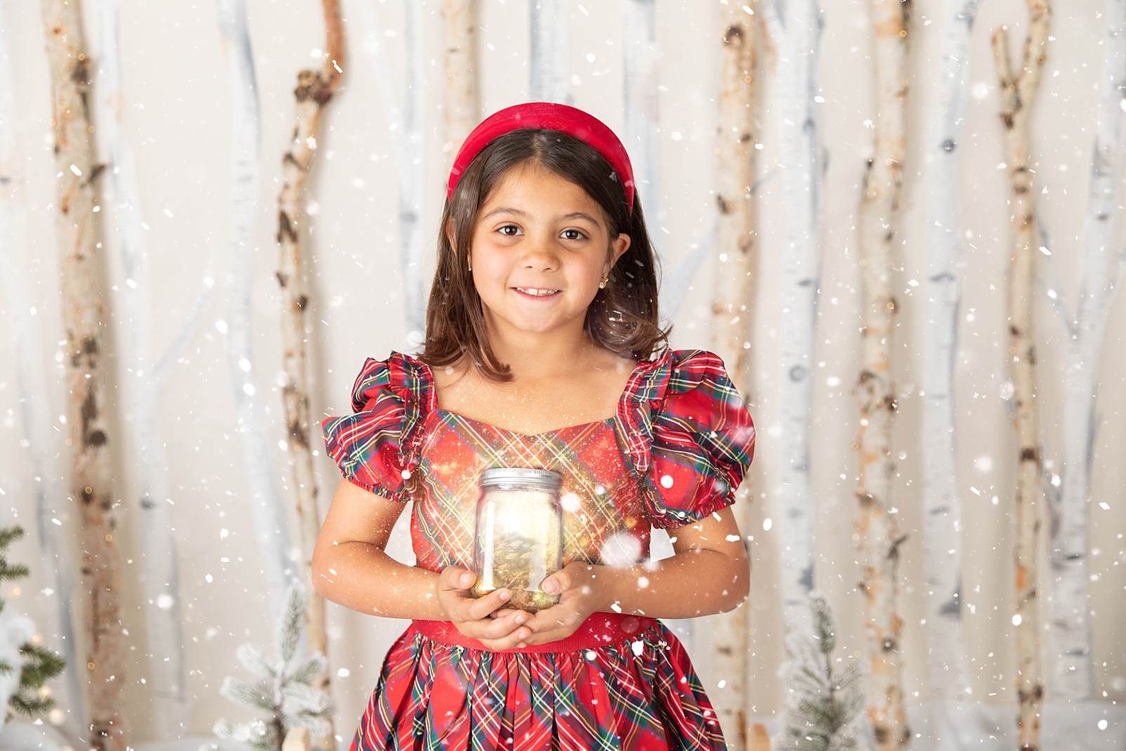  girl standing in front of birch trees and snowballs for Christmas Studio Minis Maryland