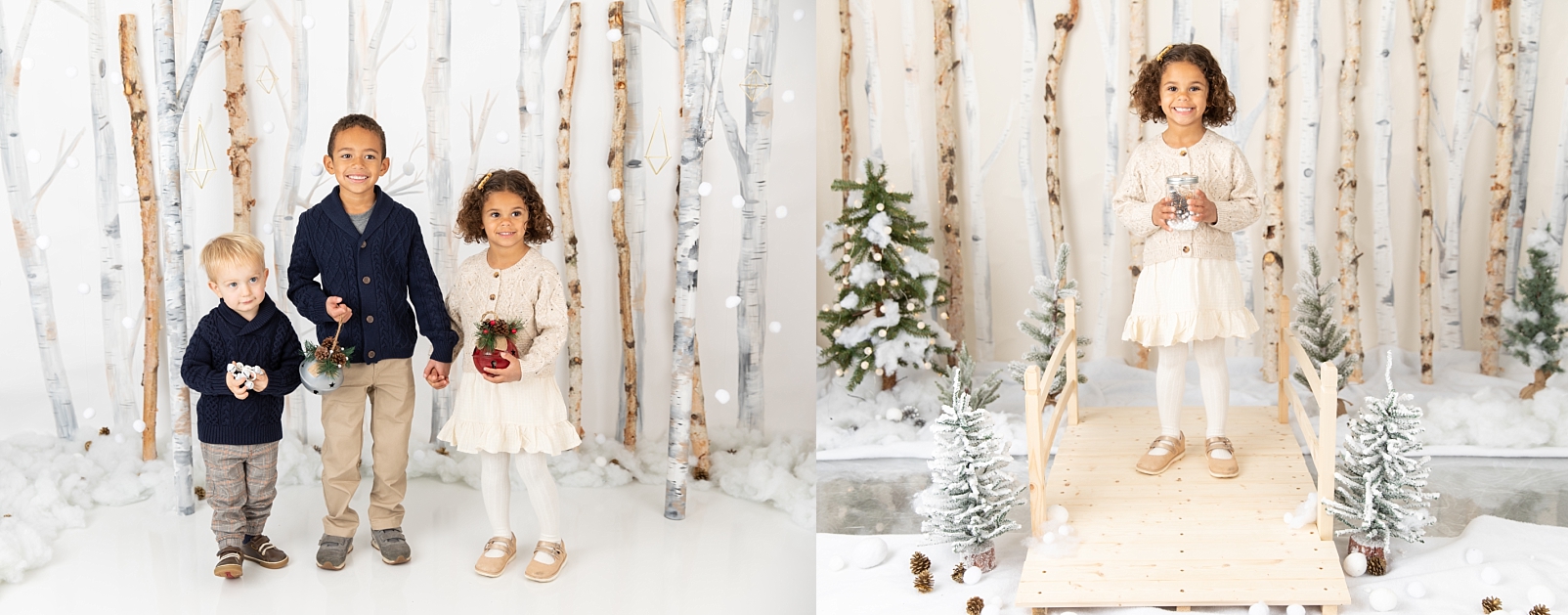 3 children standing in front of birch trees with jingle bells and girl standing on bridge with jar for Christmas Minis in  Maryland
