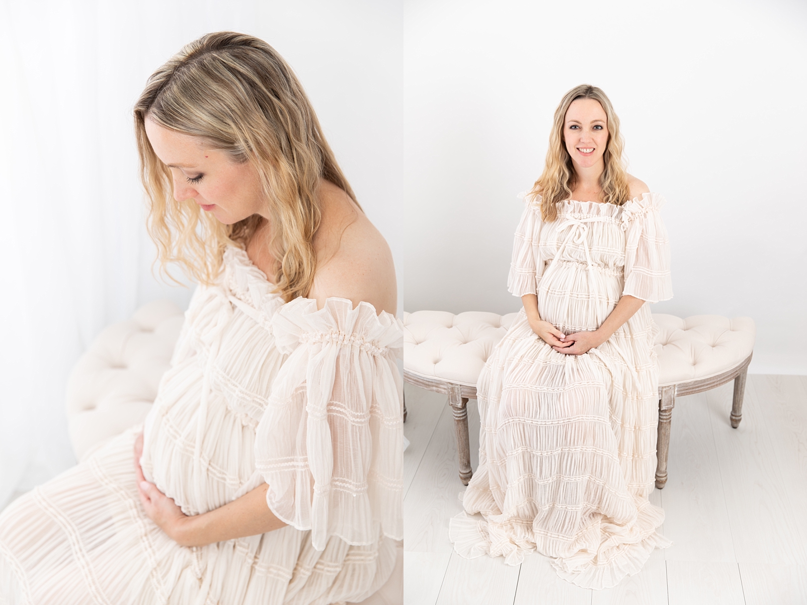 Pregnant mother in a beautiful gown sitting on a linen tufted bench with Ellicott City Maternity Photographer | Rebecca Leigh Photography
