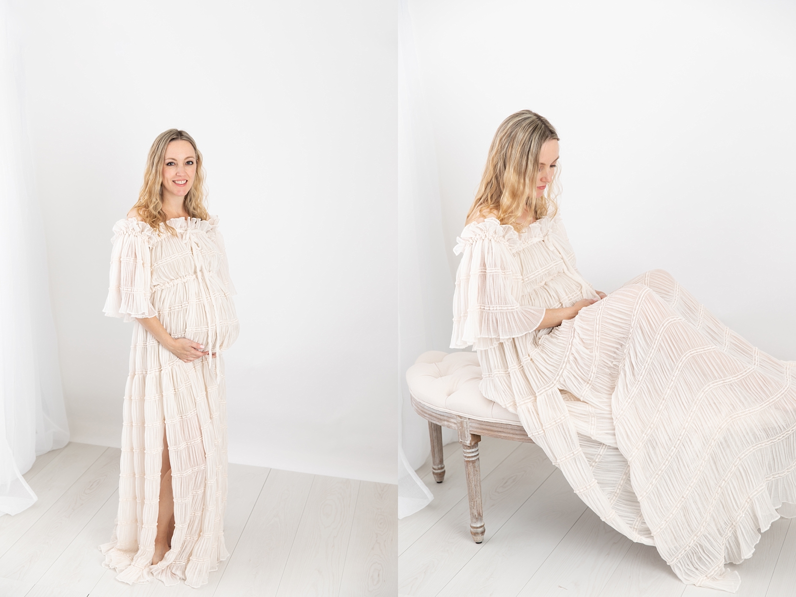Pregnant mother in a beautiful gown standing and sitting on a linen tufted bench in Ellicott City