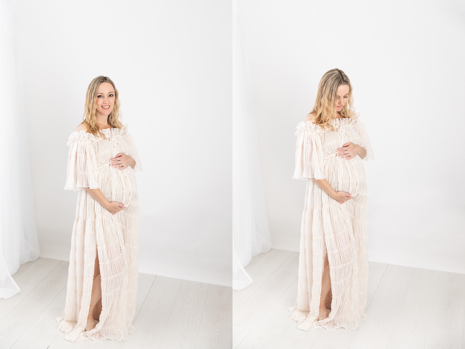 Pregnant mother in a beautiful gown near a white curtain in Ellicott City
