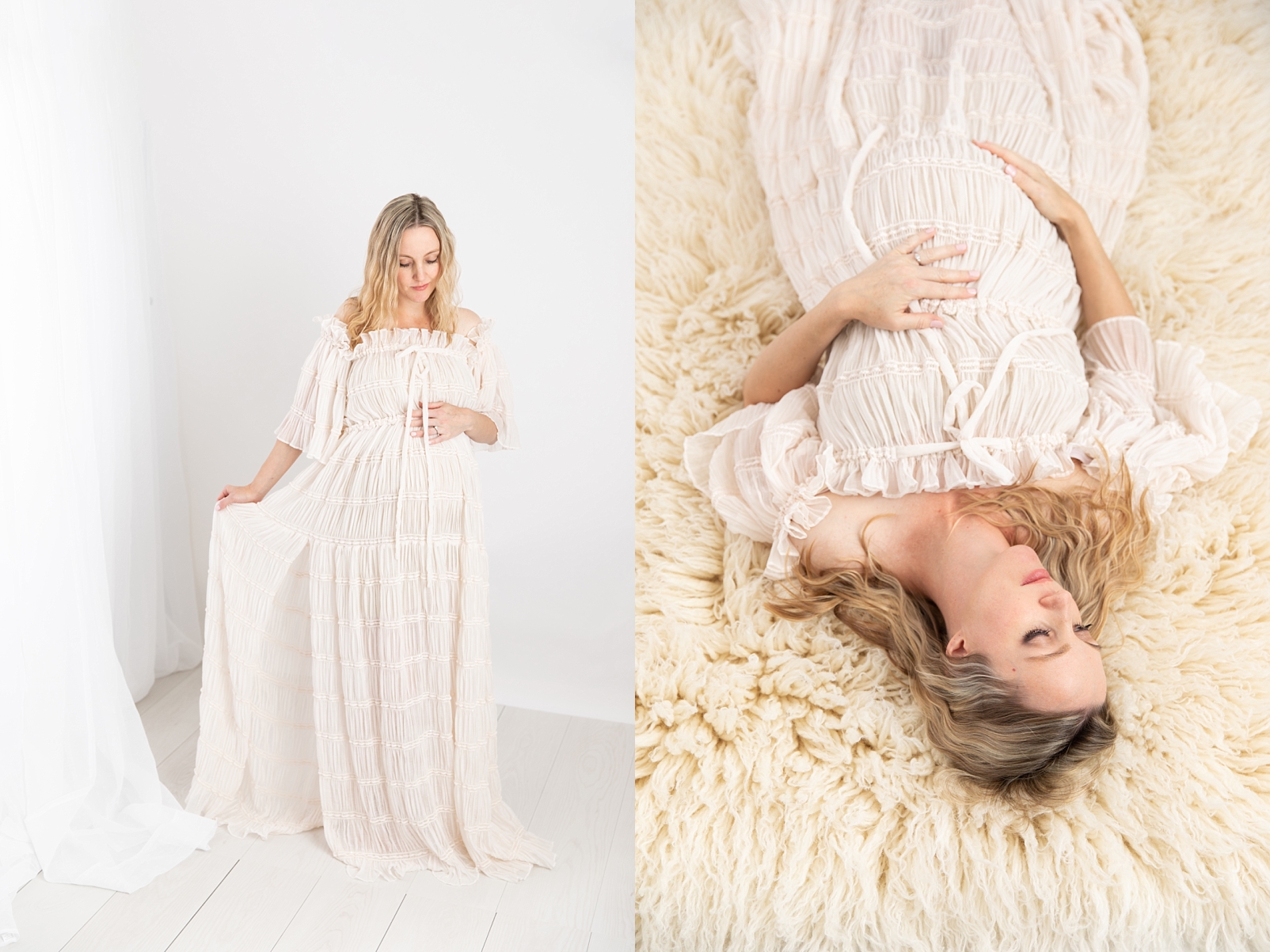 Pregnant mother lying on a flokati in a textured gown Maryland Newborn Photographer
