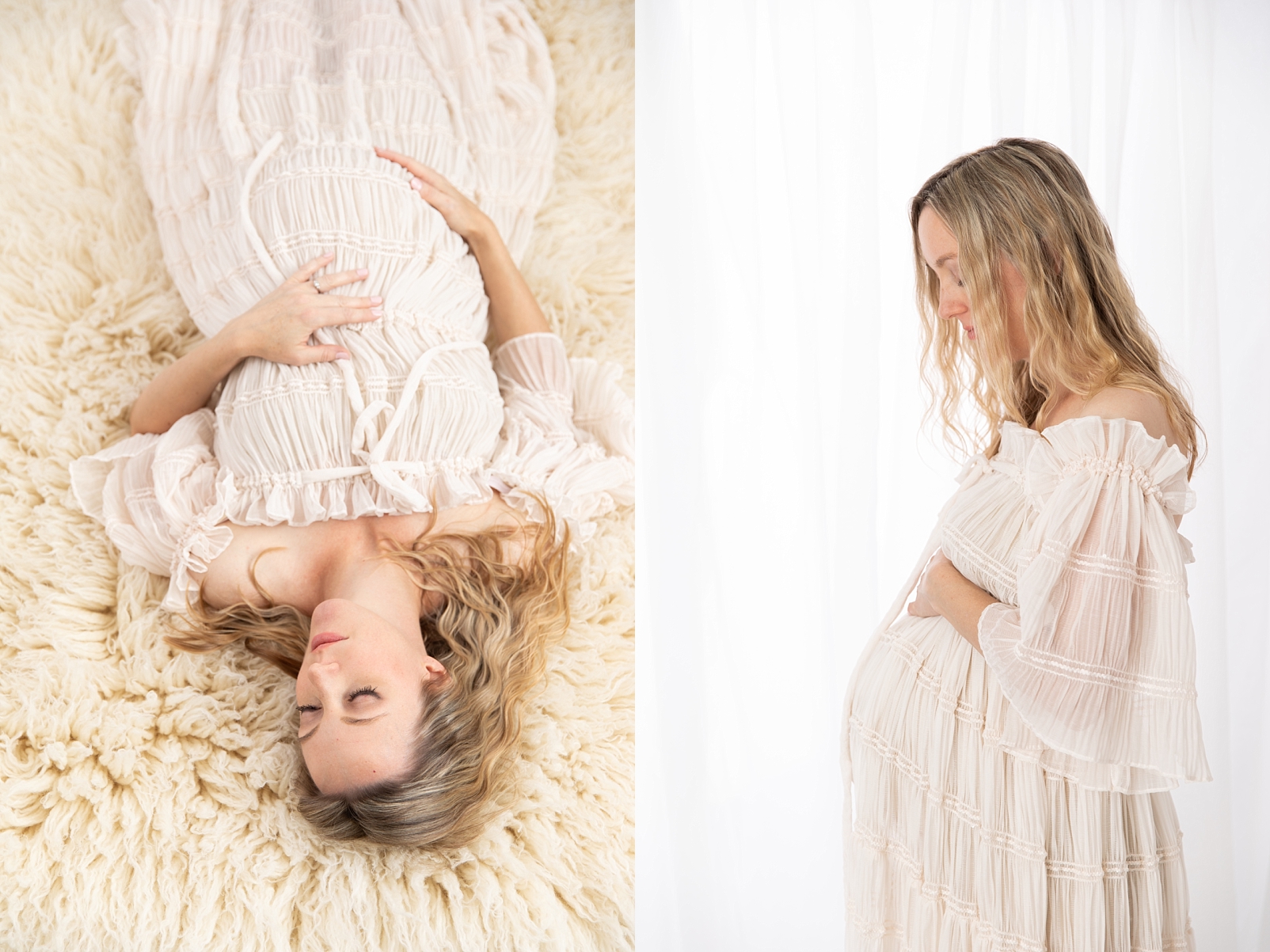 Pregnant mother lying on a flokati in a textured gown Ellicott City Maternity Photographer | Rebecca Leigh Photography


