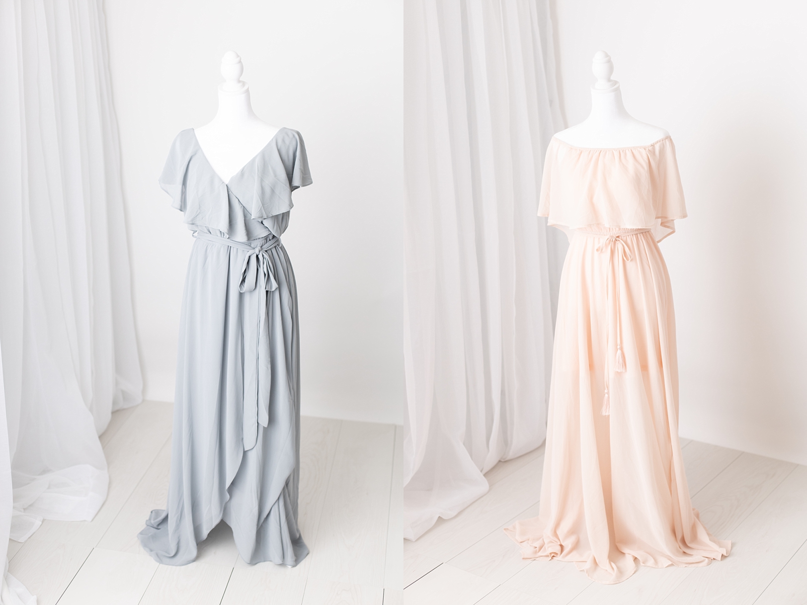 pale blue flowy dress and a pale blush pink flowy dress