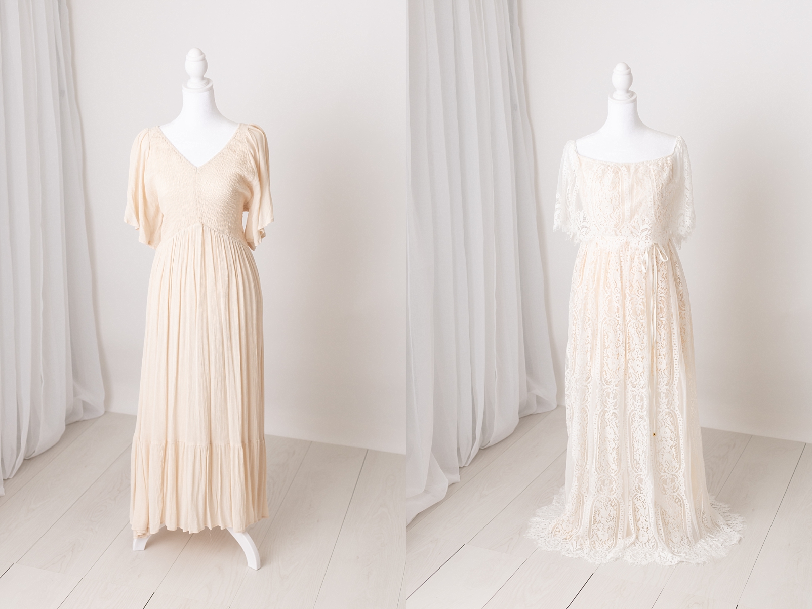two neutral color women's gowns for what to wear for newborn sessions