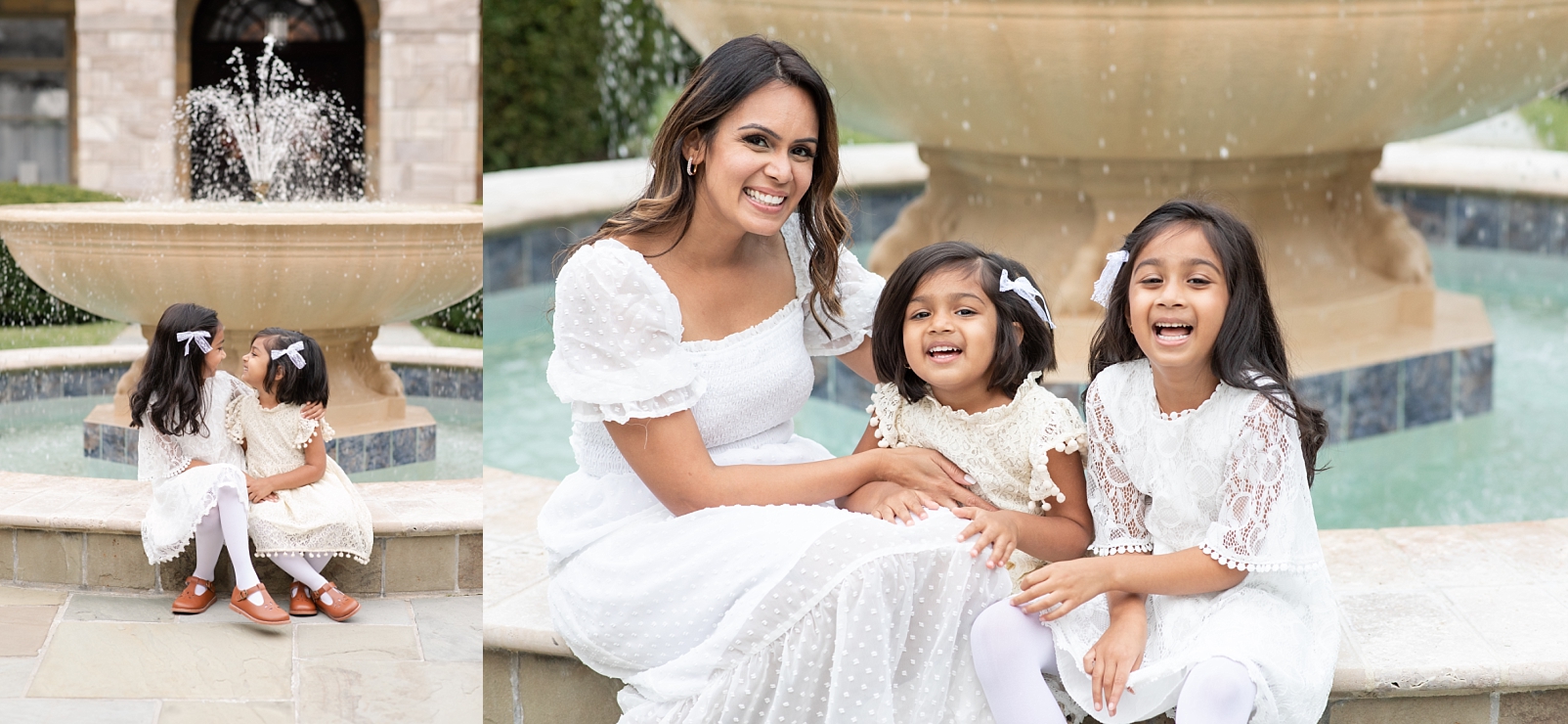a mom and her daughters wearing white dresses and standing in a white stone archway