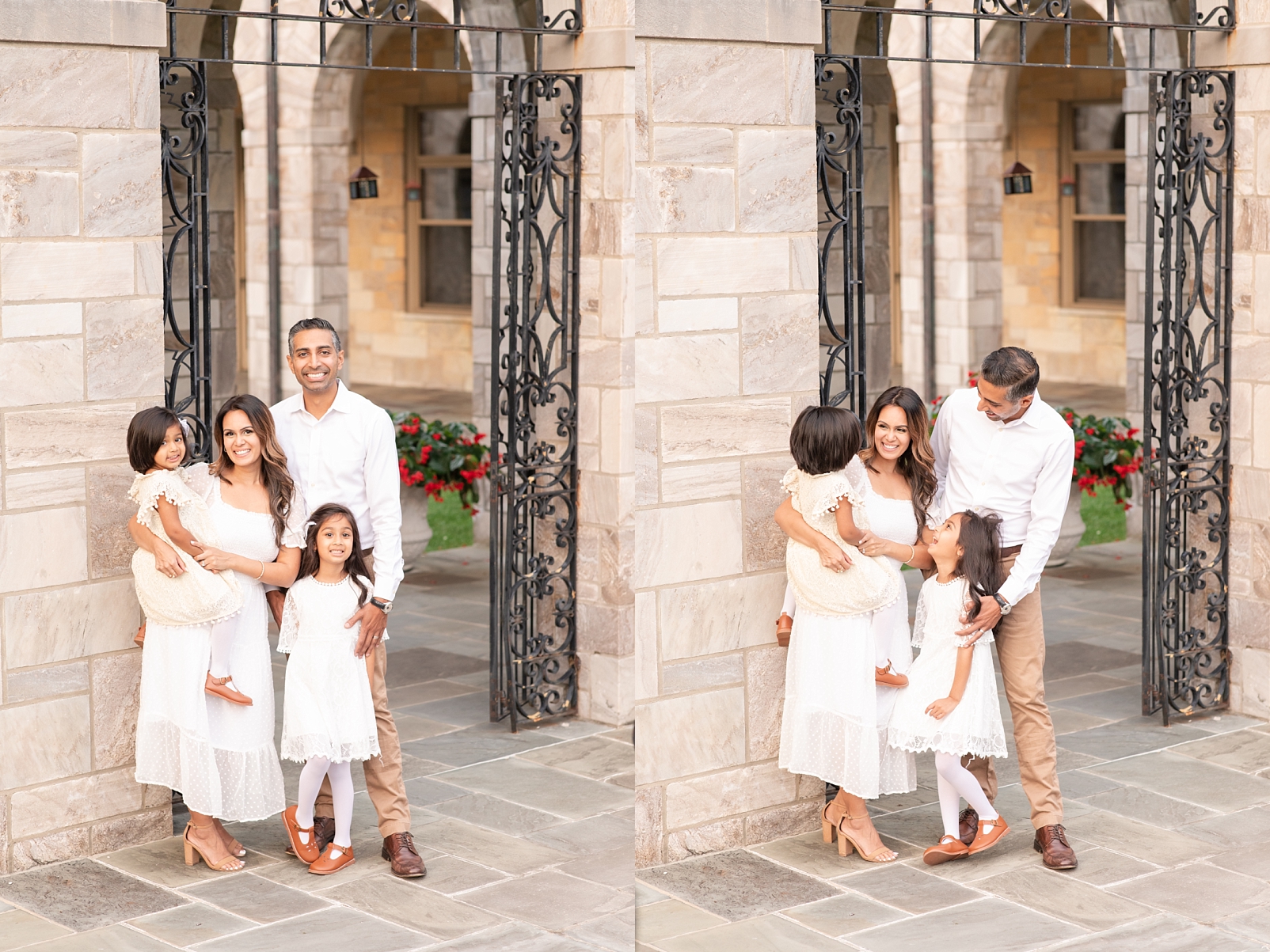 family of 4 smiling at eachother in front of the stone walls and archways