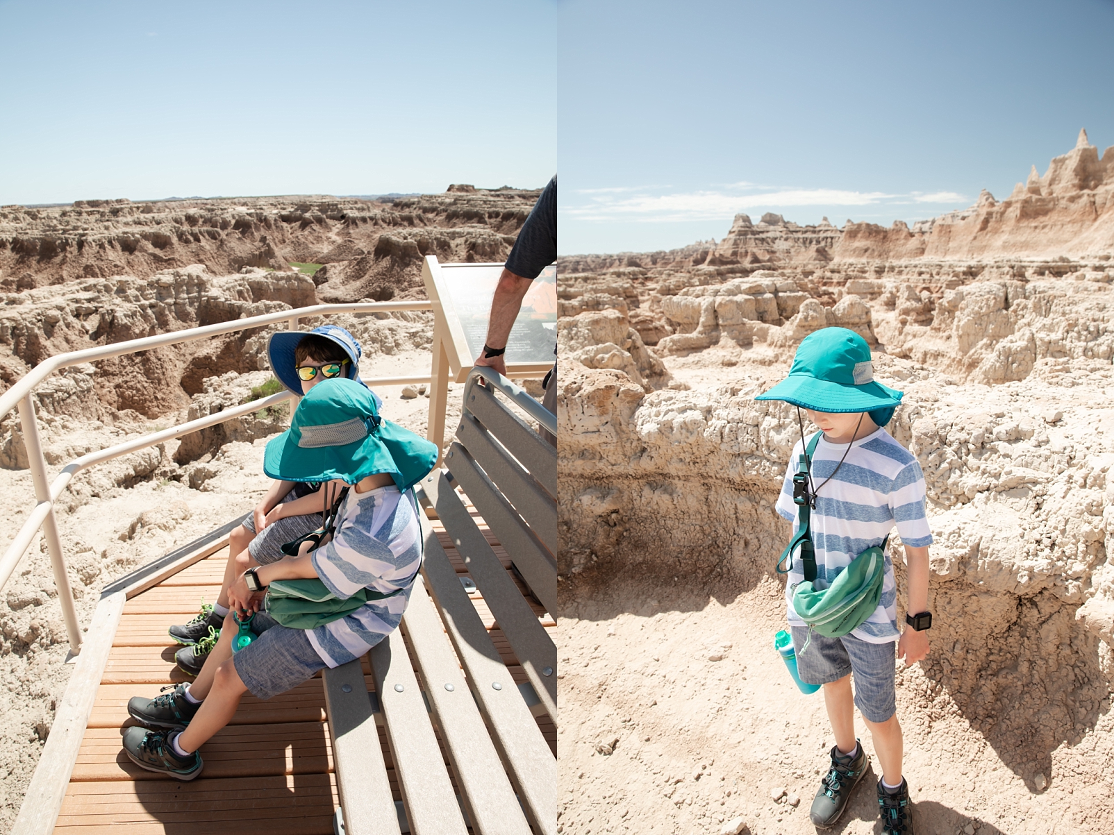 10 travel tips with kids include wearing waist packs around the shoulder to carry water bottles while hiking in the Badlands National Park in South Dakota