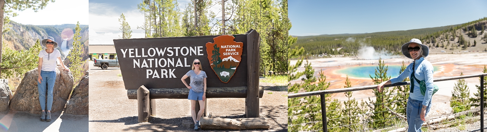 10 Travel Tips with kids include packing cubes for a lady standing at the Grand Canyon of the Yellowstone, the sign in the park, and at Grand Prismatic Spring