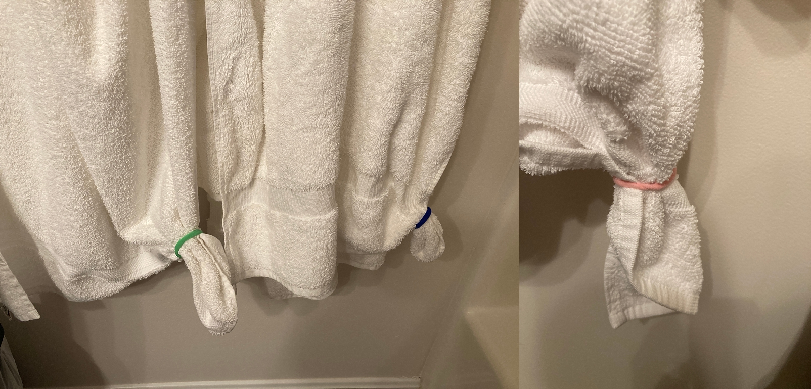 color hair ties on towels to tell them apart