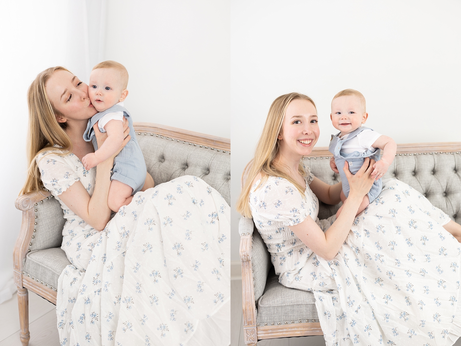 7 months milestone portraits of baby boy in light blue overalls being held by his mom in a floral dress 