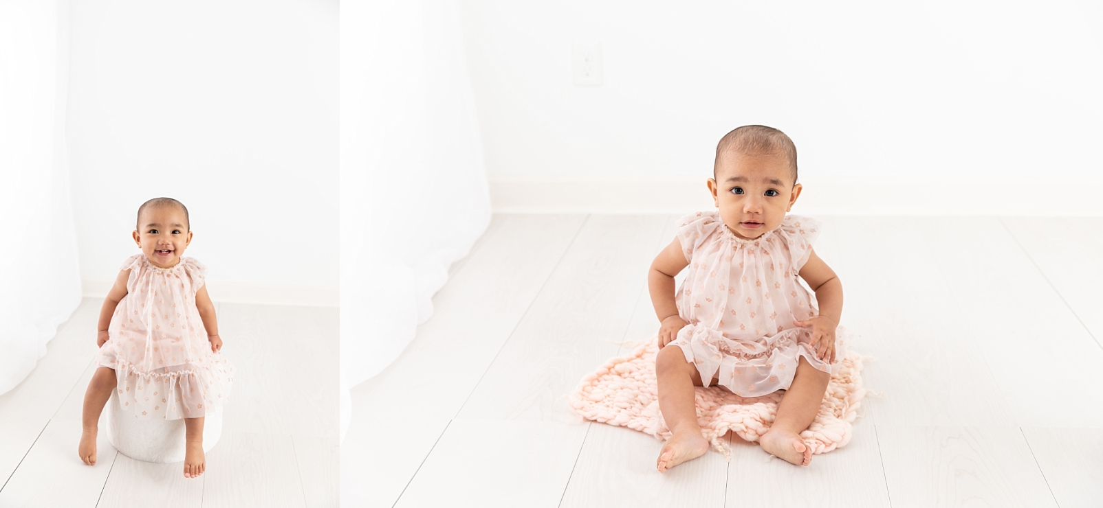 One year portraits of a girl in a pink patterned dress sitting on a white fabric stool and then on a knit blanket taken during the first year membership